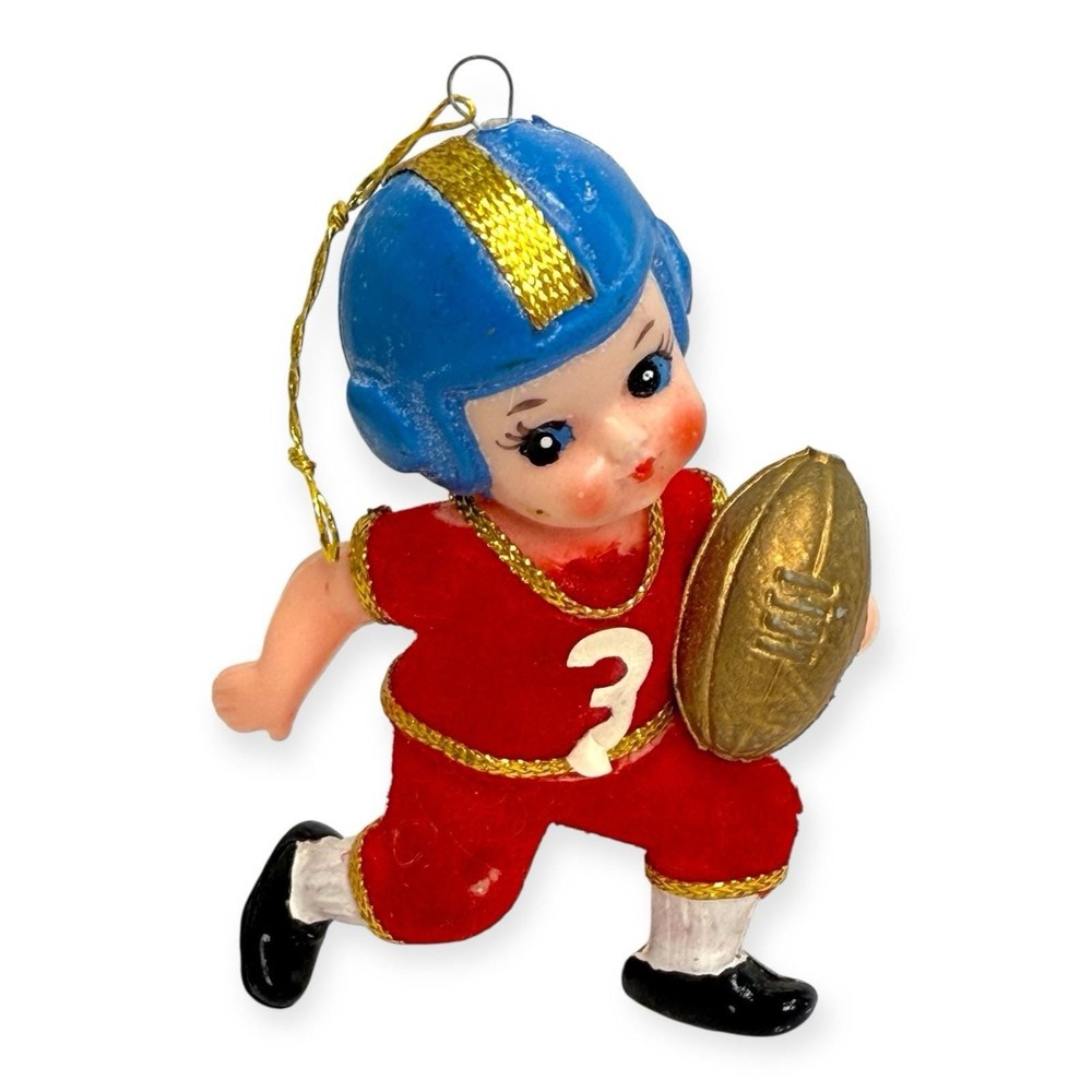 Vintage 1960s Flocked Football‎ Player Ornament Japan MCM Kitschy Xmas Big Eye